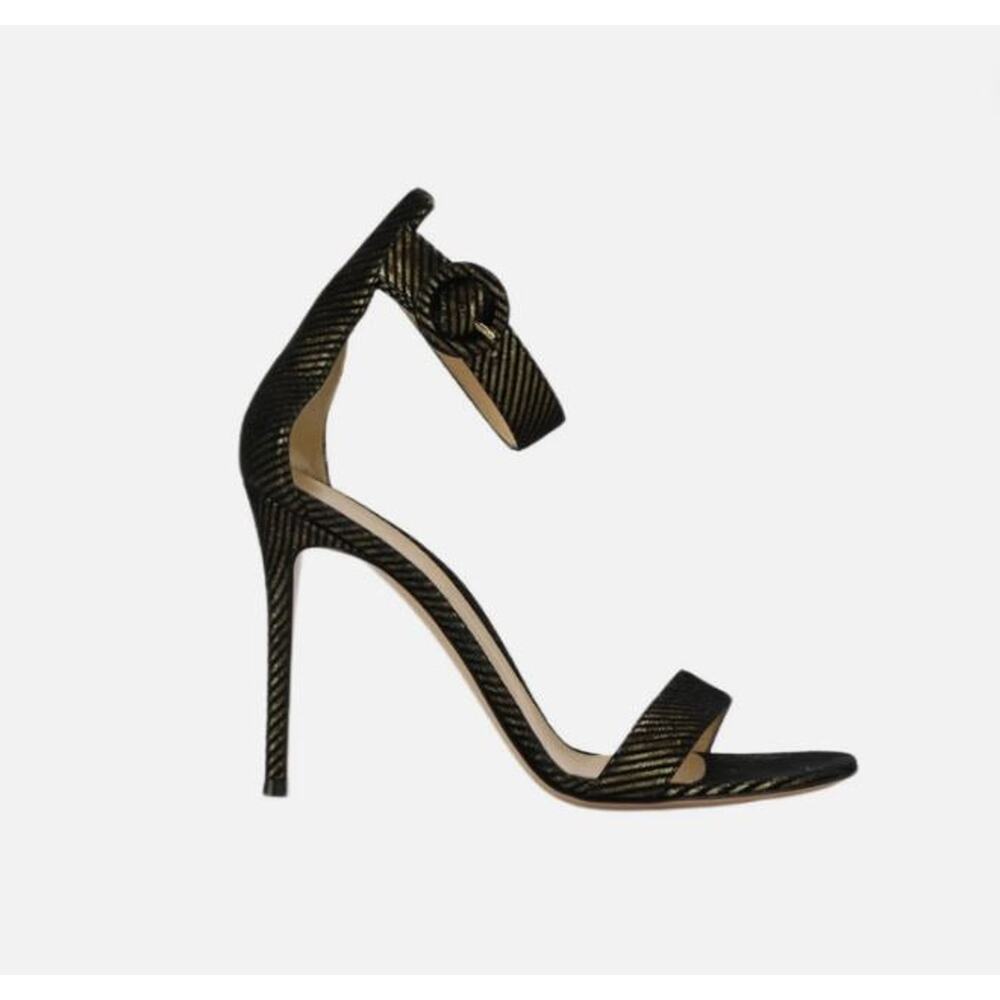Gianvito Rossi Portofino Metallic Striped Open Toe Pump Heels Black Women's 39